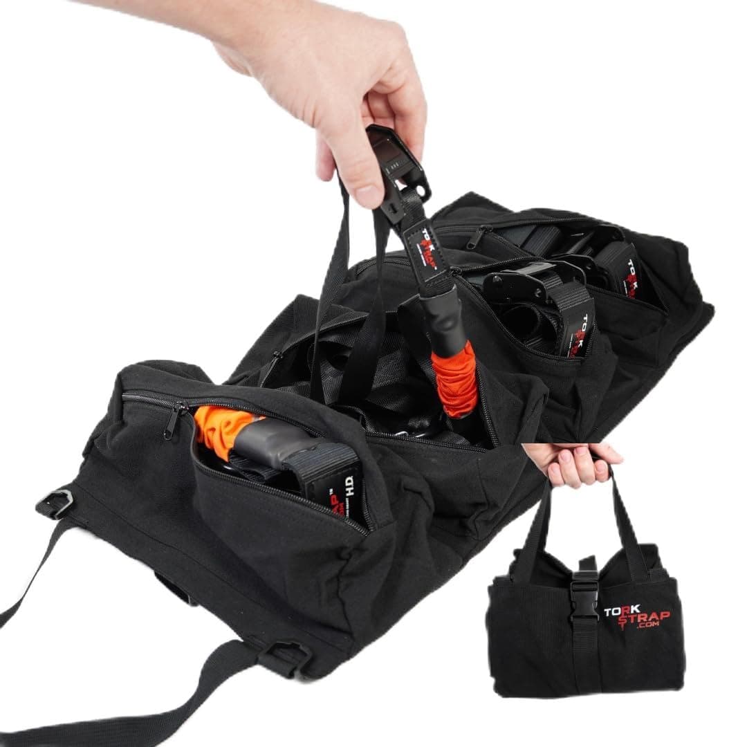 TorkStrapTorkBag | Tie Down Strap Organizing Bag - Stores up to 8 Cargo Straps - No More Tangled Straps - Heavy Duty Canvas Bag for Tiedowns, Ratchet Straps and/or Bungees - Lightweight and Portable
