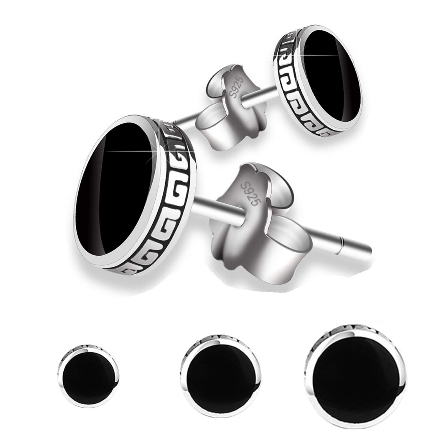 Black Round Stud Earrings Platinum Plated Piercing for Men Women, 6/8/ 10mm
