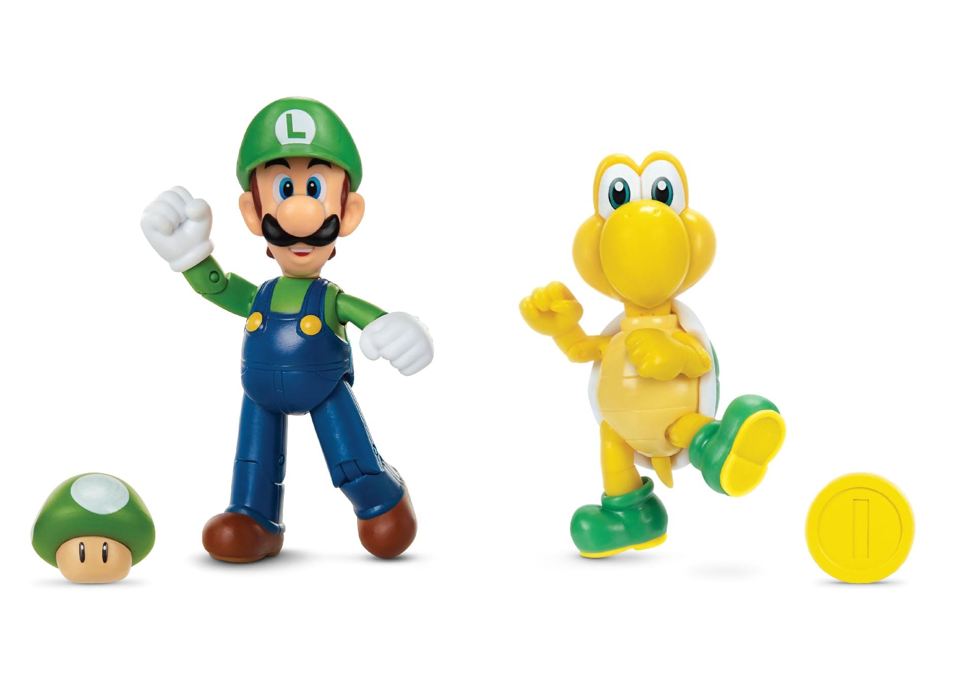 SUPER MARIO Luigi and Koopa Troopa 4-Inch Action Figure 2-Pack with 1-Up & Gold Coin Accessories, Action Figures Come with Up to 13 Points of Articulation