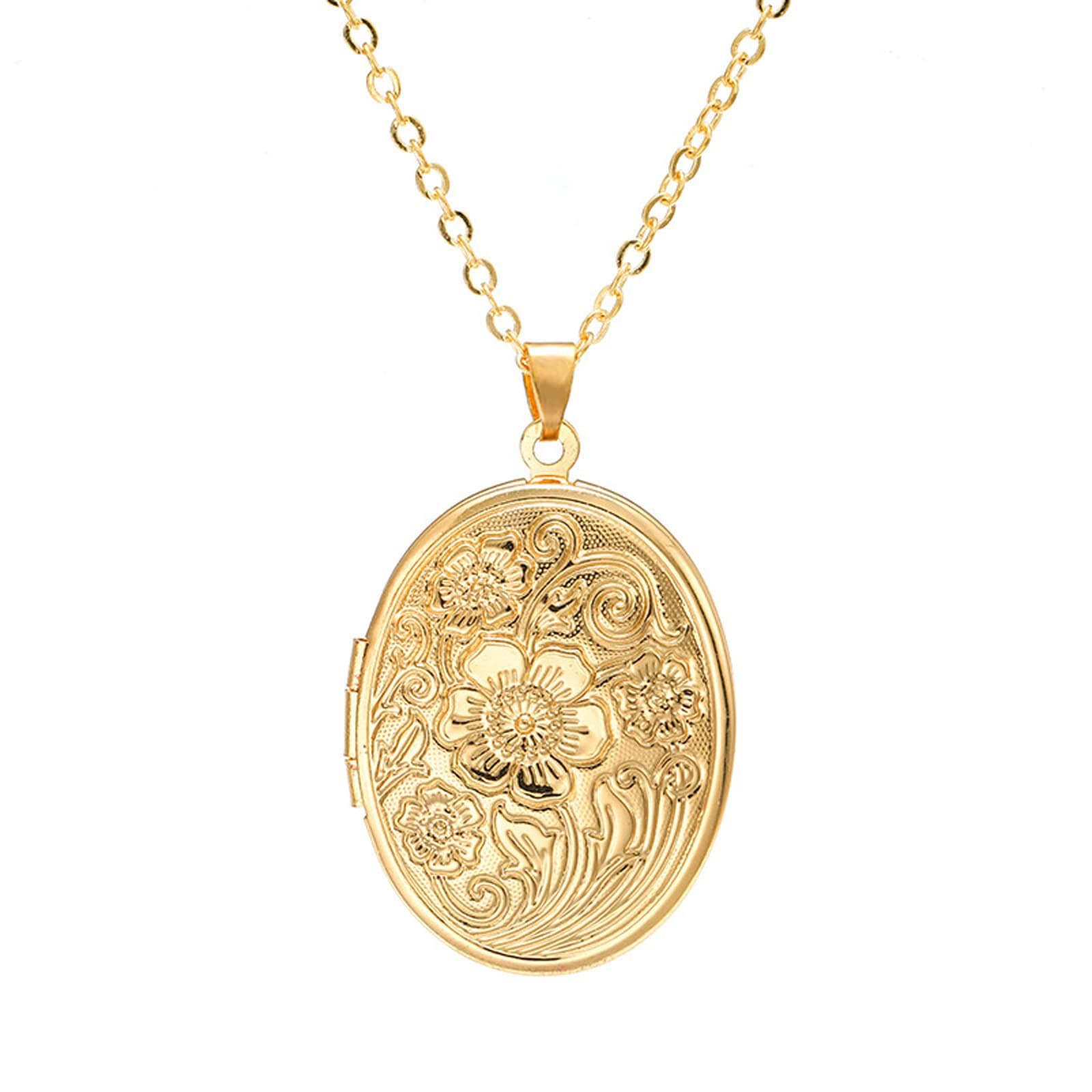 Vintage Engraved Flower Empaistic Photo Locket Hold Picture Oval Round Pendant Necklace Antique Carved Pattern Souvenir Memorial Clavicle Jewelry for Women