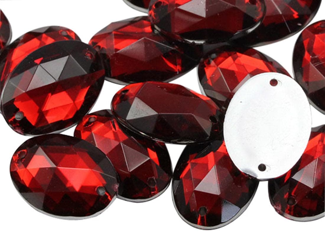 Allstarco 25x18mm Red Ruby CH17 Flat Back Sew On Oval Beads Acrylic Rhinestones Sewing Plastic Gems with Holes for Jewelry, Clothes, Garment Embelishments, Shoes, Cosplays, Crafts 20 Pieces