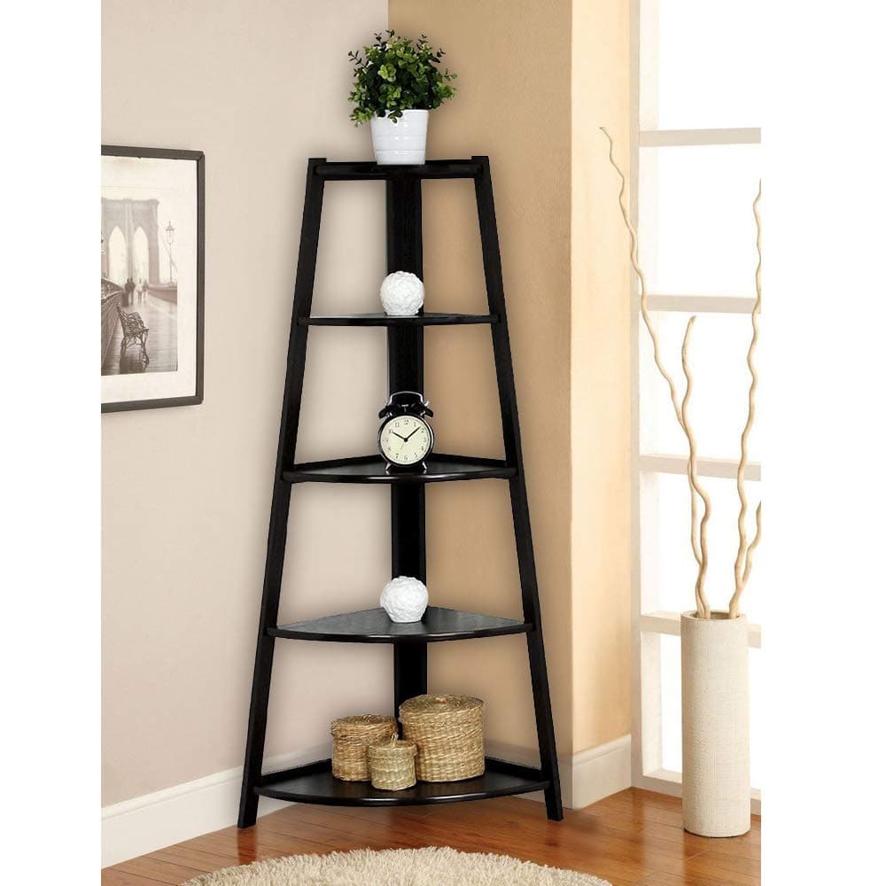 HomVent 5 Tier Wall Corner Shelf Stand Wood Ladder Bookshelf Bookcase Display Storage Home Furniture Black