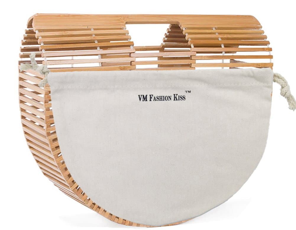 VM FASHION KISS Womens Beach bag Natural Bamboo Half Moon bag Hollow Stitching Handbag Ladies Large