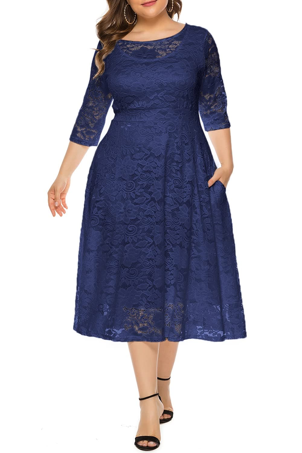 Chicwe Women's Stretch Lined Plus Size Lace Shift Dress Midi Length 3/4 Sleeves with Lace Hem and Cuff