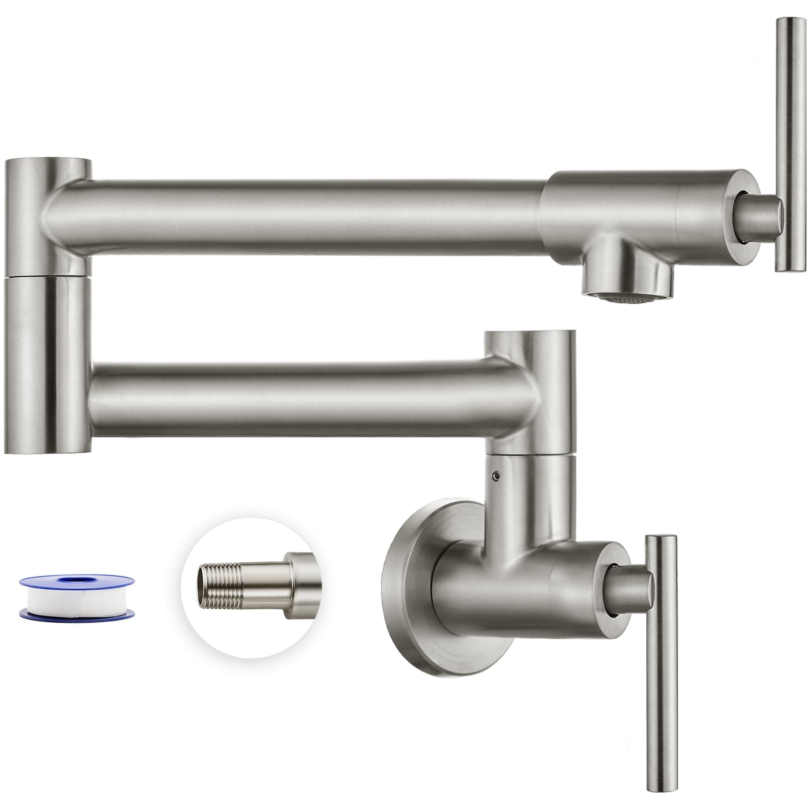 Pot Filler Faucet Wall Mounted Stainless Steel 304 Brushed Nickel Double Joint Swing Folding Arms with Two Handles Single Hole Commercial Kitchen Sink Faucet Control Water