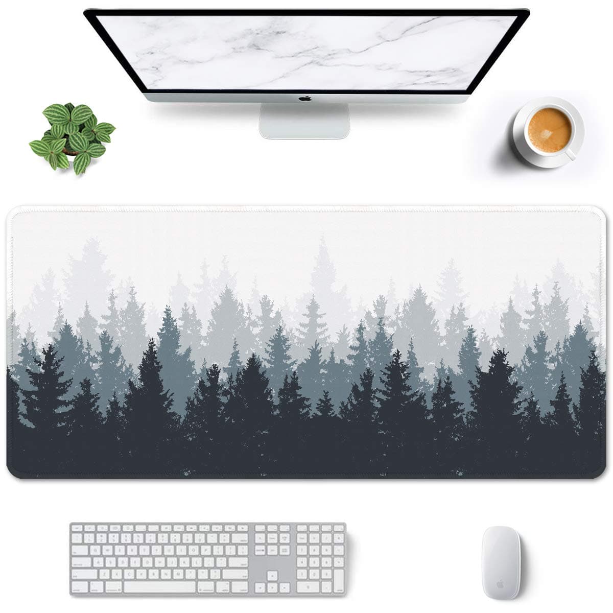 Auhoahsil Large Mouse Pad, Full Desk XXL Extended For Gaming 35" X 15", Waterproof Mat with Stitched Edge, Non-Slip Laptop Computer Keyboard Mouse Pad for Office & Home, Misty Forest Design