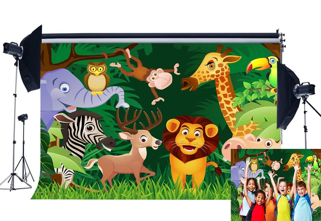 Haosphoto Vinyl 5X3FT Zoo Park Backdrop Animals World Backdrops Zebra Giraffe Monkey Jungle Forest Green Grass Meadow Cartoon Photography Background for Kids 1st Birthday Photo Studio Props YX767