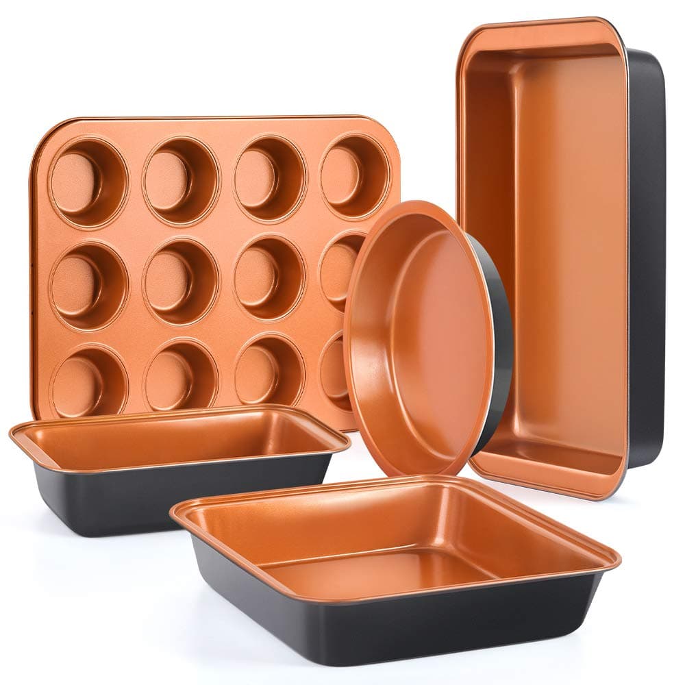 SHINEURI 5-Piece Nonstick Copper Bakeware Set - 14.3inch Roast Pan, 13.8inch 12-Cup Muffing Pan, 9.8inch Loaf Pan, 9inch Square Pan & 8.8inch Round Cake Pan - Dishwasher & Oven Safe, PFOA/PTFE Free
