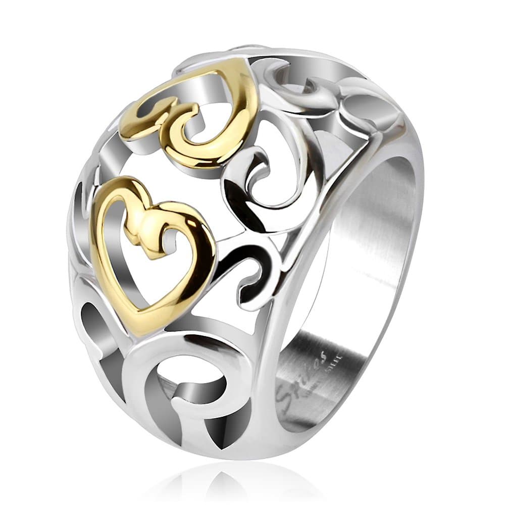 STR-0049 Stainless Steel Two Tone IP Vintage Heart Swirls Frontal Ring