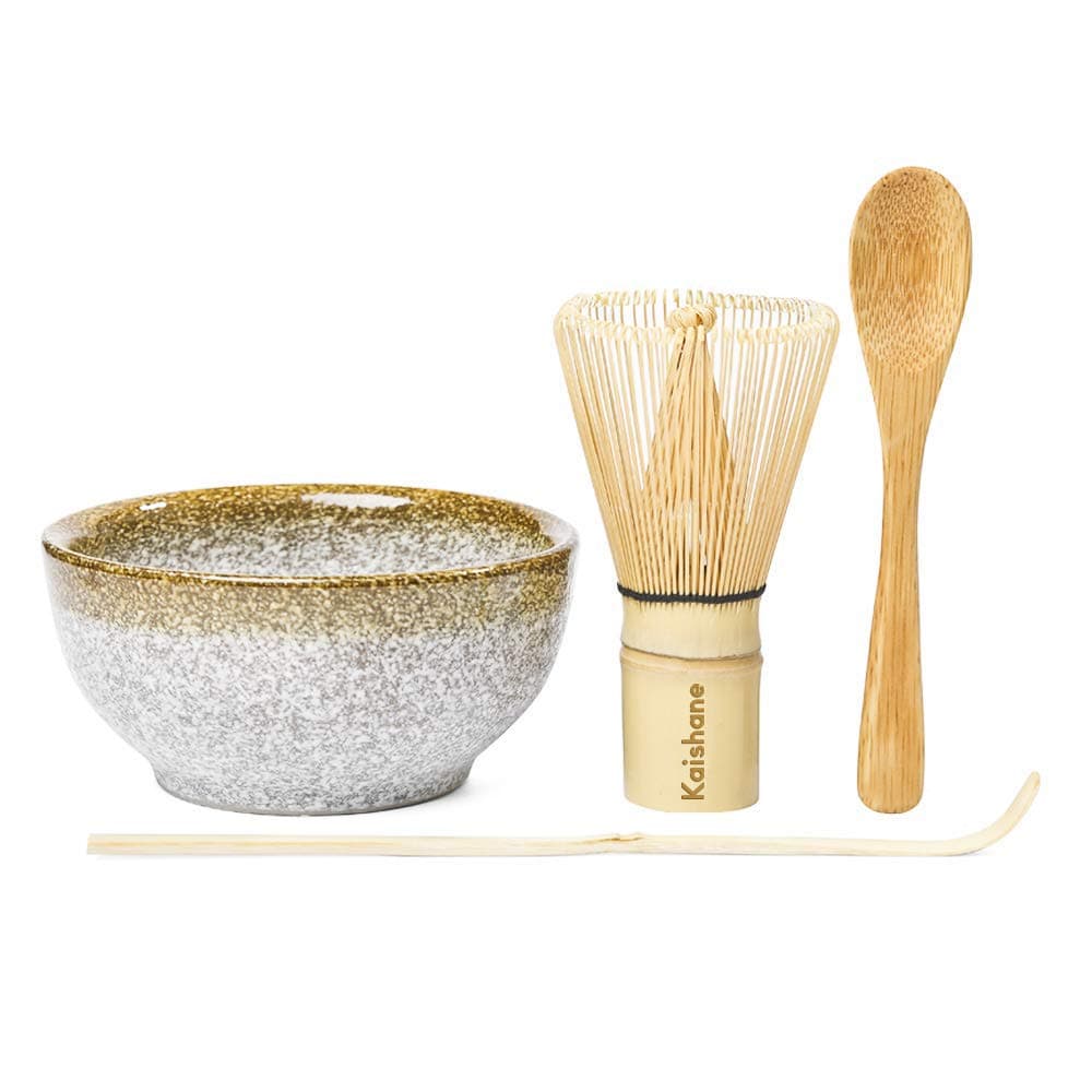 KAISHANE Japanese Matcha Whisk Set Matcha Tea Ceremony Set of 4 Including 100 Prong Matcha Whisk (Chasen), Traditional Scoop (Chashaku), Tea Spoon and Ceramic Matcha Bowl