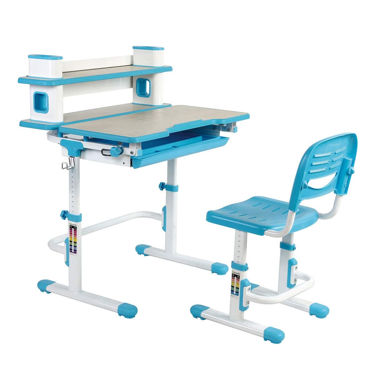 EFurnit Saturn Series Ergonomic Adjustable-Tiltable Study Desk & Chair Set with Book-Shelf For Kids, Blue, With a pulled-out compartmented storage drawer, Tiltable Wood Grain Desktop & Book Shelf