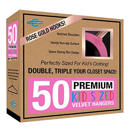 Closet Complete Kids Size, Premium Heavyweight, Virtually-UNBREAKABLE, Velvet Hangers, Ultra-Thin, Space Saving, No-Slip, Best Size For Kids 4-15 years, 360º Spin, Rose Gold Hooks, Pink, Set of 50