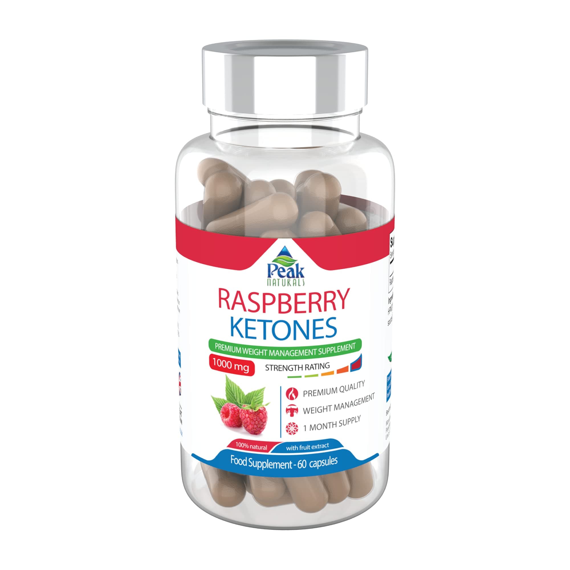 Peak Naturals Raspberry Ketones | 1000mg Natural Daily Supplement with Raspberry Fruit Extract | Made in The UK | Vegan Friendly | 60 Capsules for 1 Month Supply