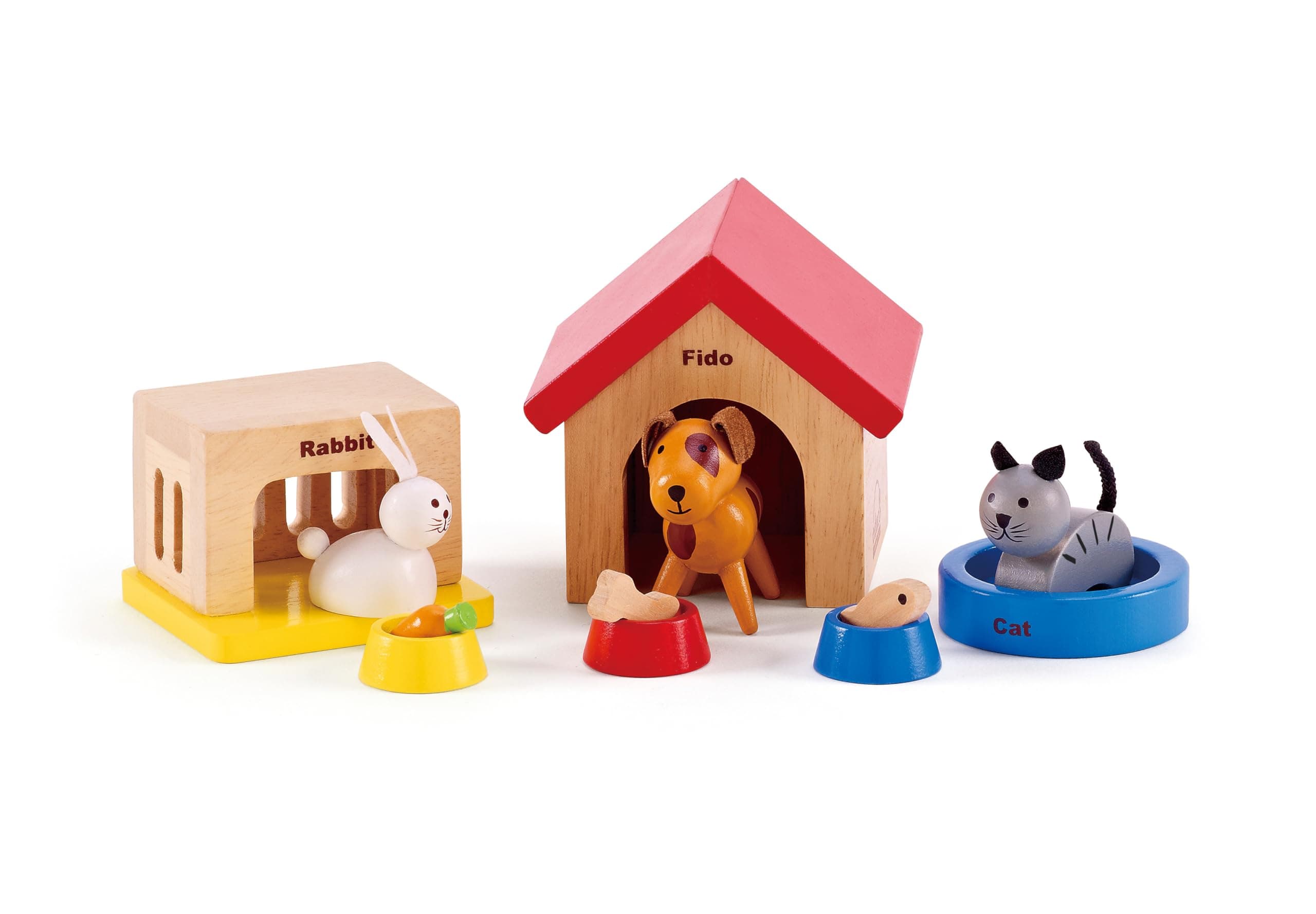 Family Pets | Complete Your Wooden Dolls House with Happy Dog, Cat, Bunny Pet Set with Complimentary Houses and Food Bowls