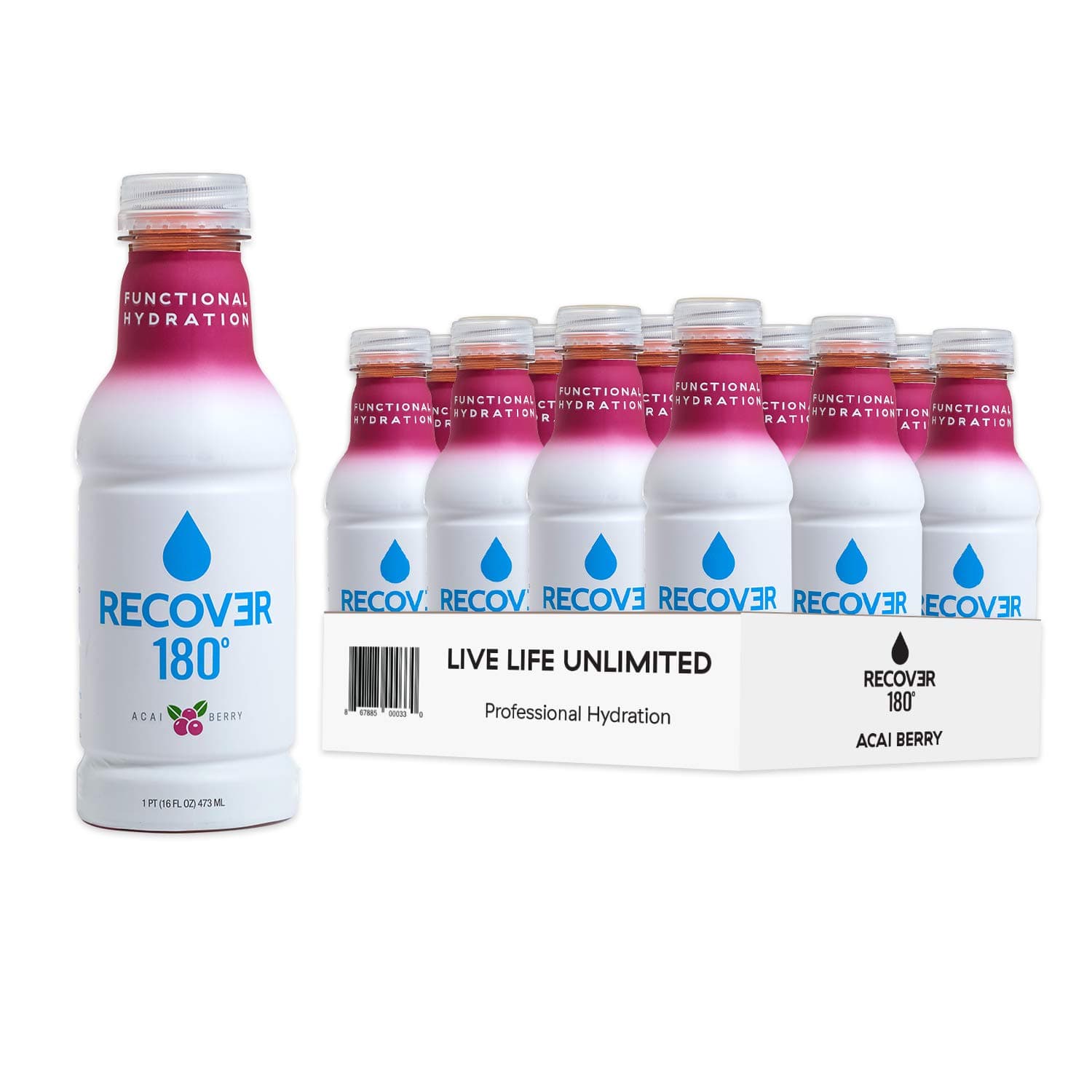 RECOVER 180 Hydration Drink for Functional Performance, Sports and Everyday Electrolytes Beverage, 16 Ounce (12 Pack, Acai Berry)