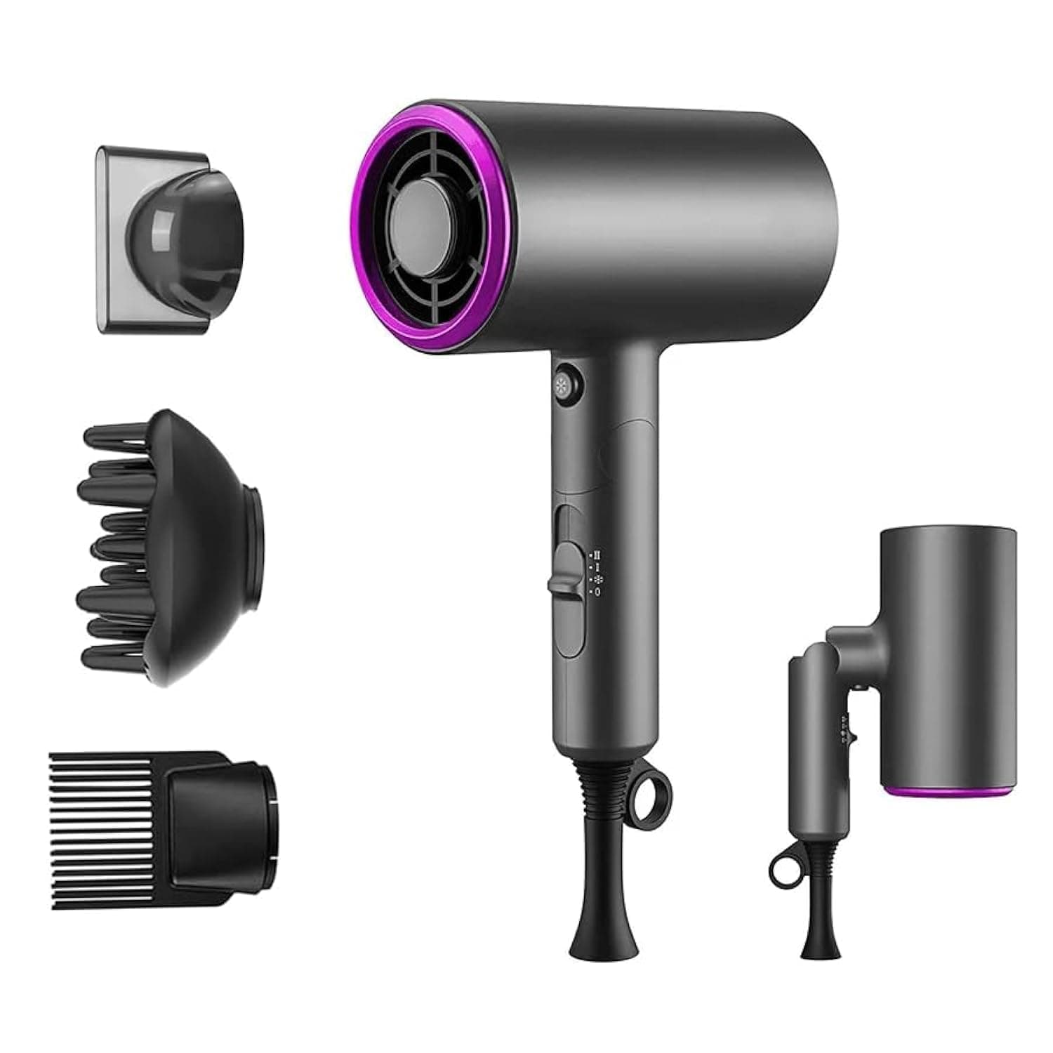Ionic Hair Dryer - 1800W - Salon Quality Styling - Foldable - 3 Nozzles (1 Diffuser and 2 additional) - For Home, Travel and Beauty Salon, Black Purple