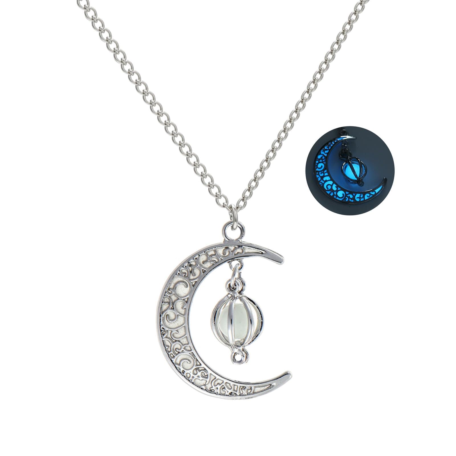 Glow in The Dark Silver Crescent Moon and Orb Necklace - Glowing Blue Moon Charm - Magical Fantasy Fairy Glowing Necklace - Glow Jewelry (sky blue)
