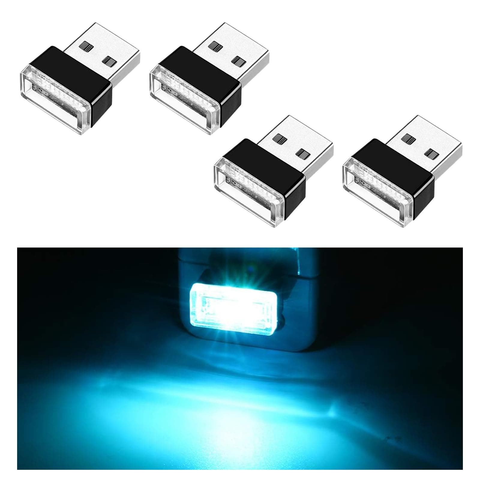 Ziciner 4 PCS USB LED Car Interior Atmosphere Lamp, Portable Mini LED Night Light, Plug-in USB Interface Trunk Ambient Lighting Kit, Universal Car Interior Accessories (Ice Blue)