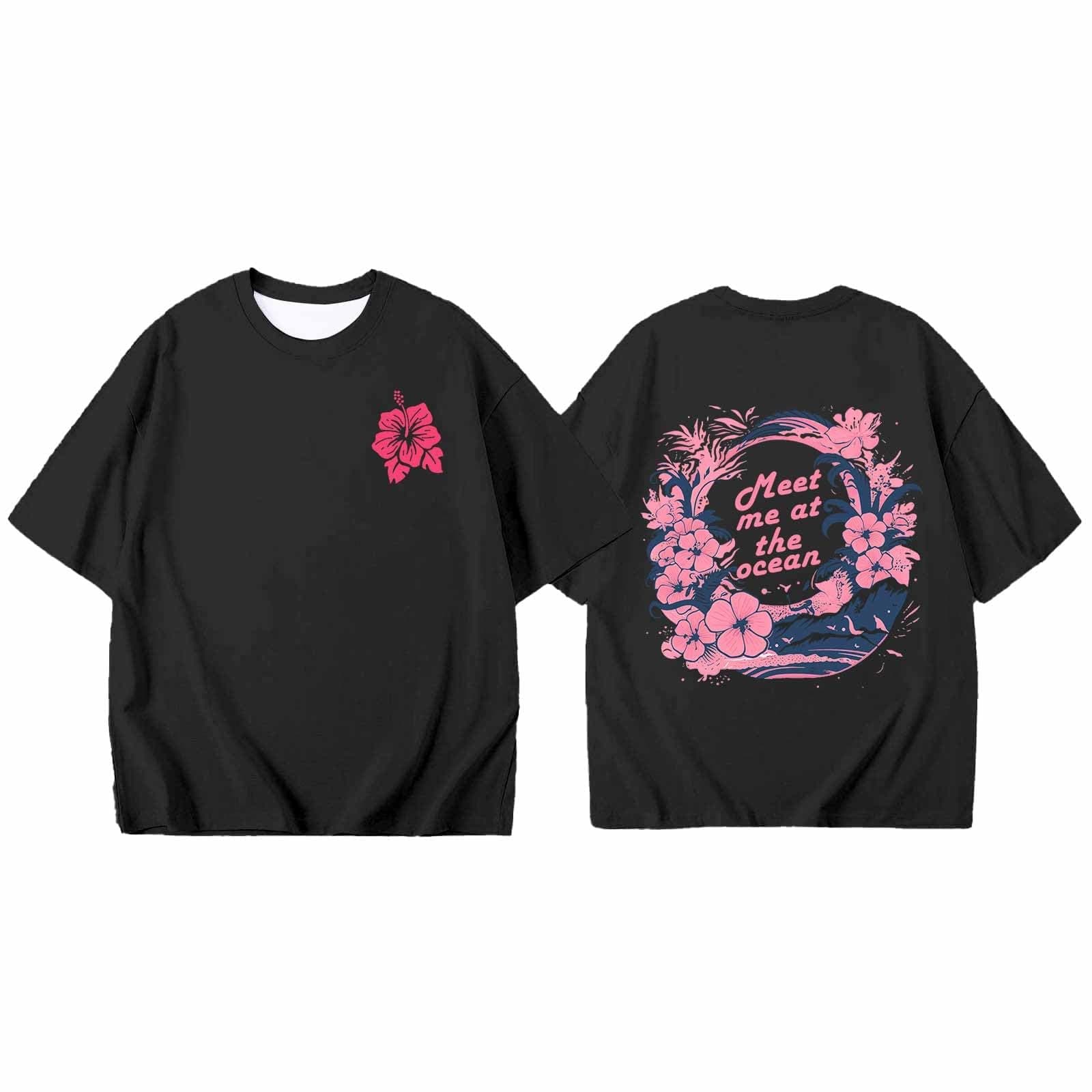 Childrens Preppy Tees Summer Sunset Beach Graphic Short Sleeve Shirts for Girls Oversized Casual O-Neck Blouse Tropical Y2k Pullover Tops Comfy Classic Daily Shirt