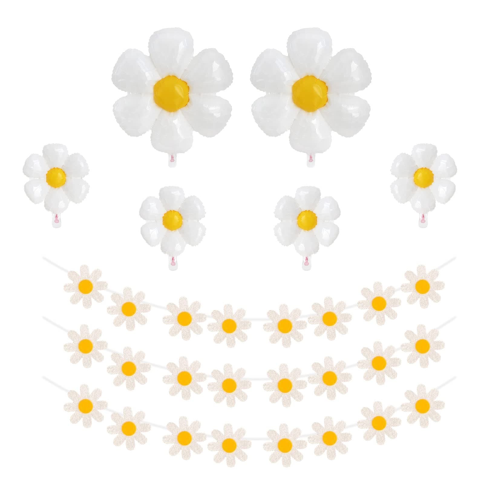 Daisy Garland Felt Flower Banner and Daisy Balloons Aluminum Foil Party Decorations Boho White Daisy Decor Indoor Outdoor Birthday Baby Shower Party Supplies for Wall Home Room (9 Pcs)