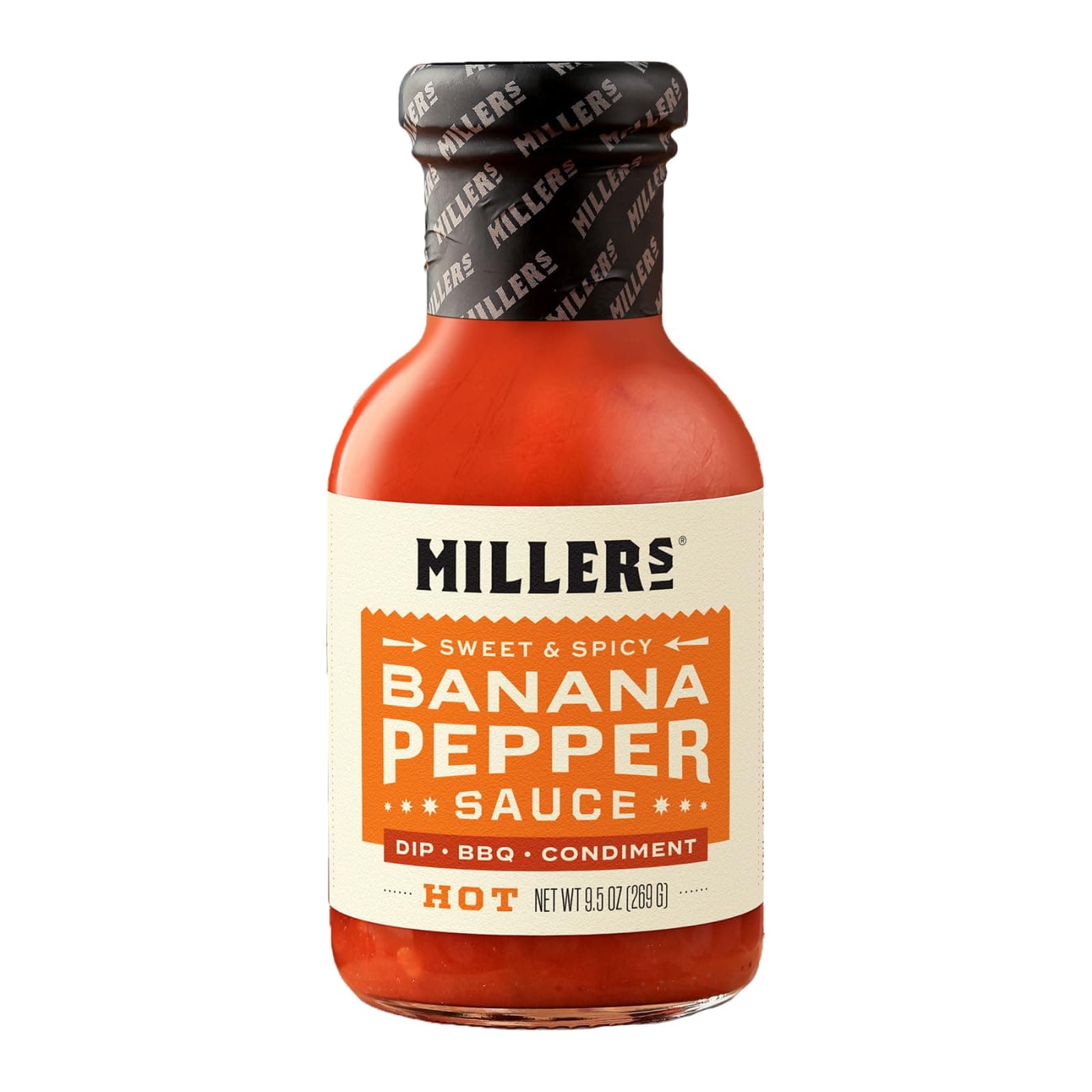 Miller's Mustard- Red Mustard Banana Pepper Hot Sauce, Sweet Spicy Banana Pepper Sauce - Best Use for Chicken Wing, Burgers, Sandwich 9.5 OZ