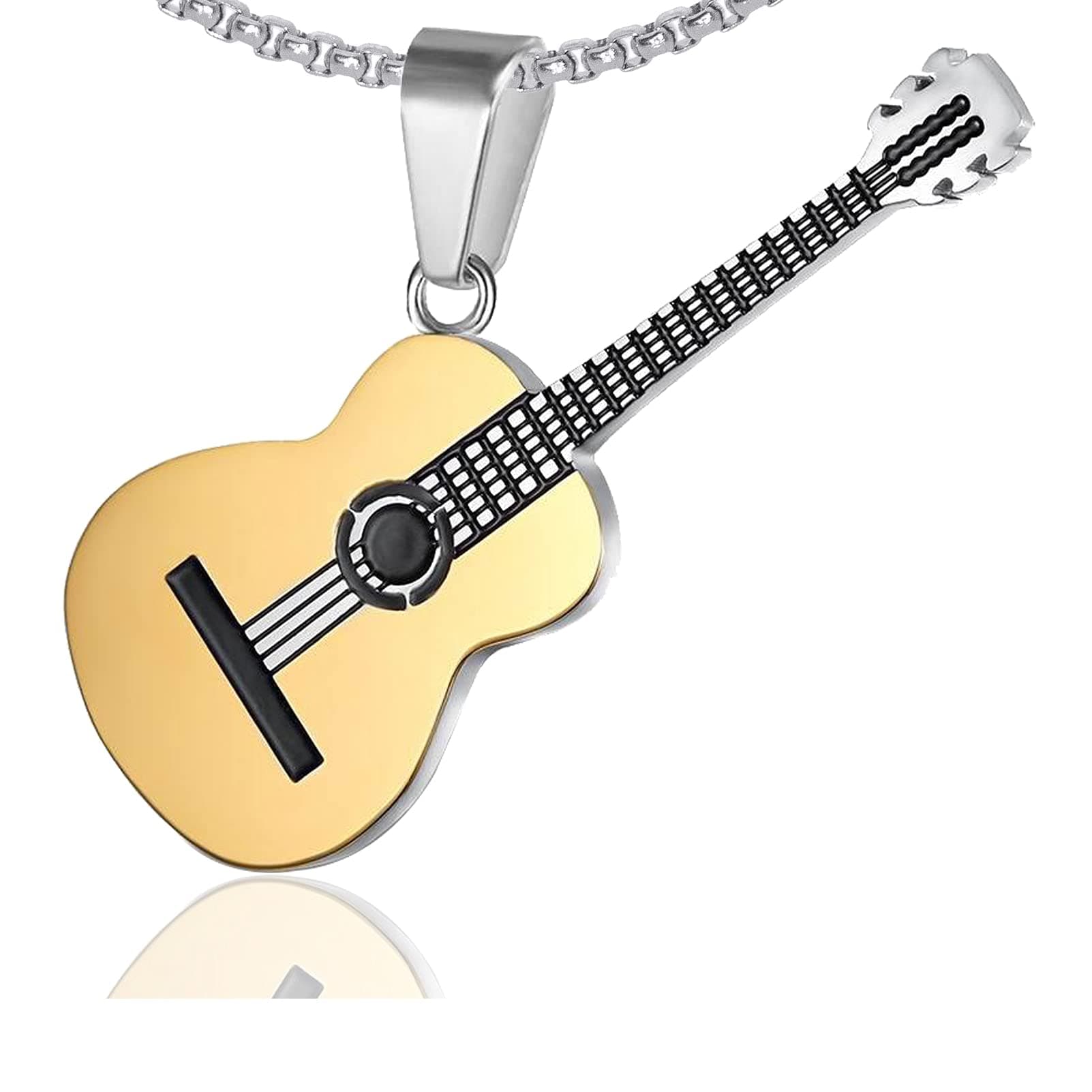 Punk Rock Music Style Titanium Steel Guitar Pendant Necklace,24inches Box Chain