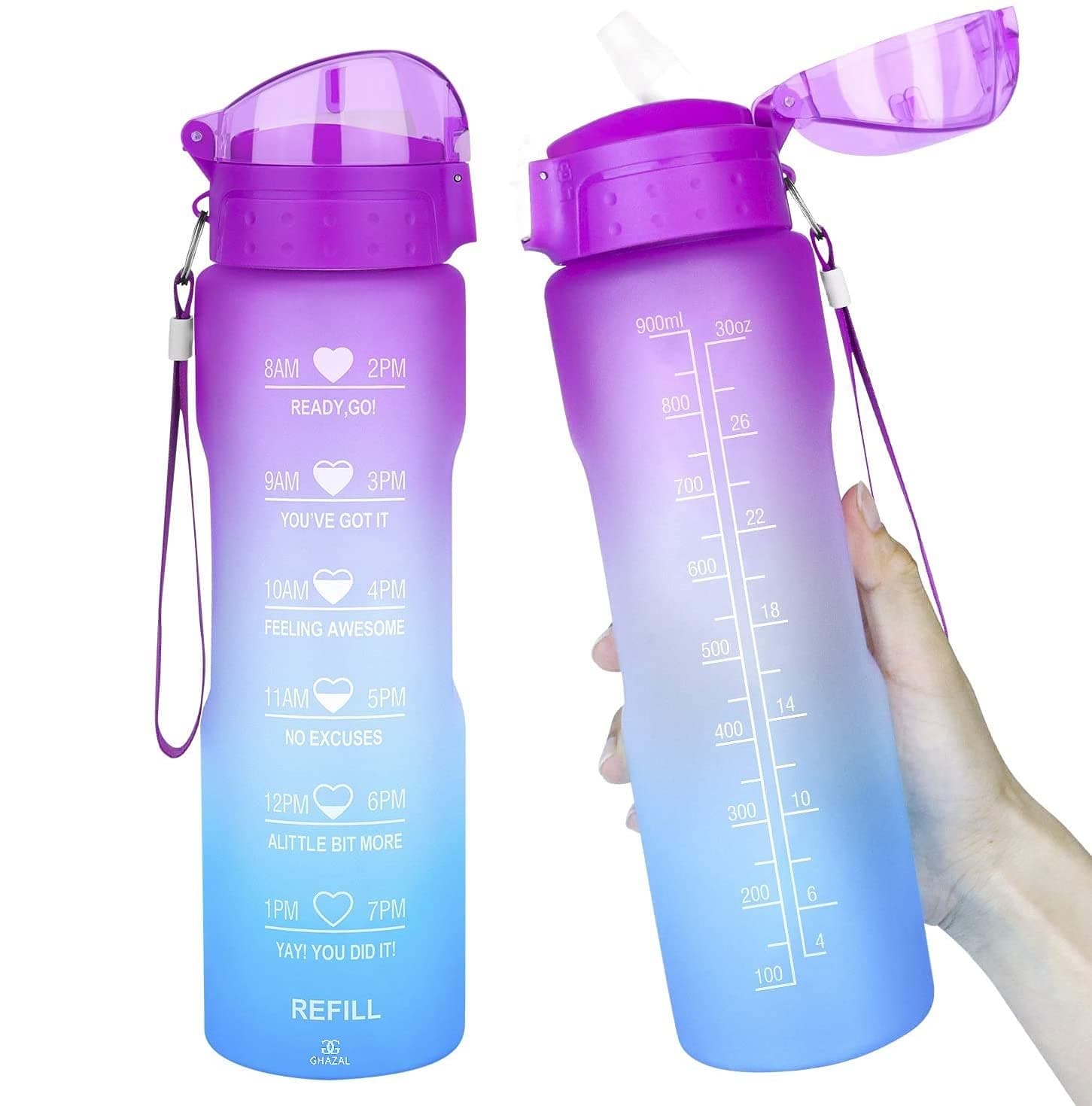 Water Bottle 1L Leakproof Tritan BPA Free, Straw, Brush, Motivational Time Marker for Fitness, Gym, Outdoor Sports, Cycling, Adults & Kids, School, Office, Reusable, Tracker, Flip Top Lid (Ghazal)