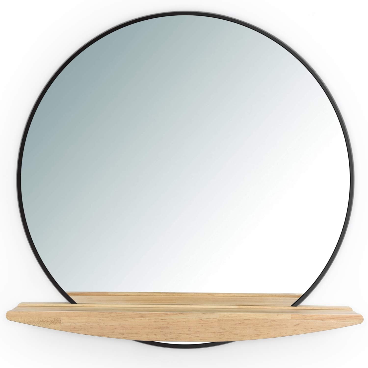 SRIWATANA Round Wall Mirror with Shelf, 23.6-Inch Bathroom Mirrors for Wall, Frameless Black Vanity Mirror for Entryway, Washroom and Bedroom
