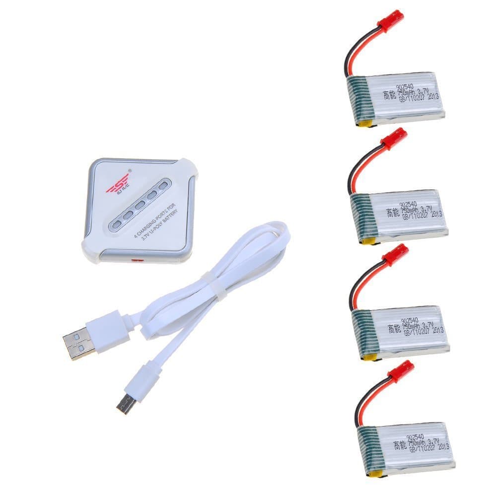 4Pcs 3.7V 750mAh Lipo Battery For MJX X400W X400 X400C X800 X300 X300C X200 X500,Sky Viper S670,Holy Stone HS110 HS110W HS120 HS130 HS200 HS200W RC Quadcopter Drone With 4 In 1 Battery Charger