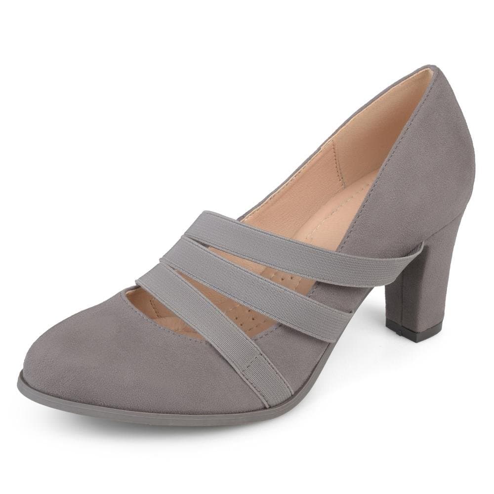 Brinley CoWomens Levin Faux Suede Comfort Sole Chunky Heel Almond Toe Triple Elastic Strap Heels Grey, 10 Regular US