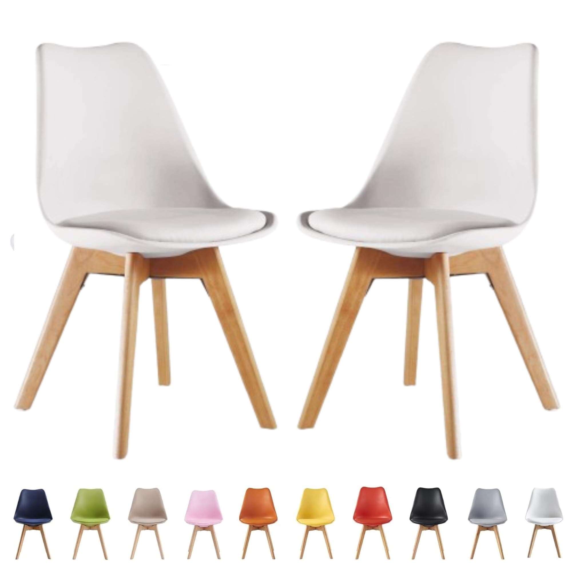 Single Set of 2/4/6 Retro Modern Dining Chairs – Lorenzo Plastic Chairs with Cushioned Pad Seat & Solid Beech Wooden Legs - Side Chair for Living Room Kitchen Office Lounge (White, Pack of 2)