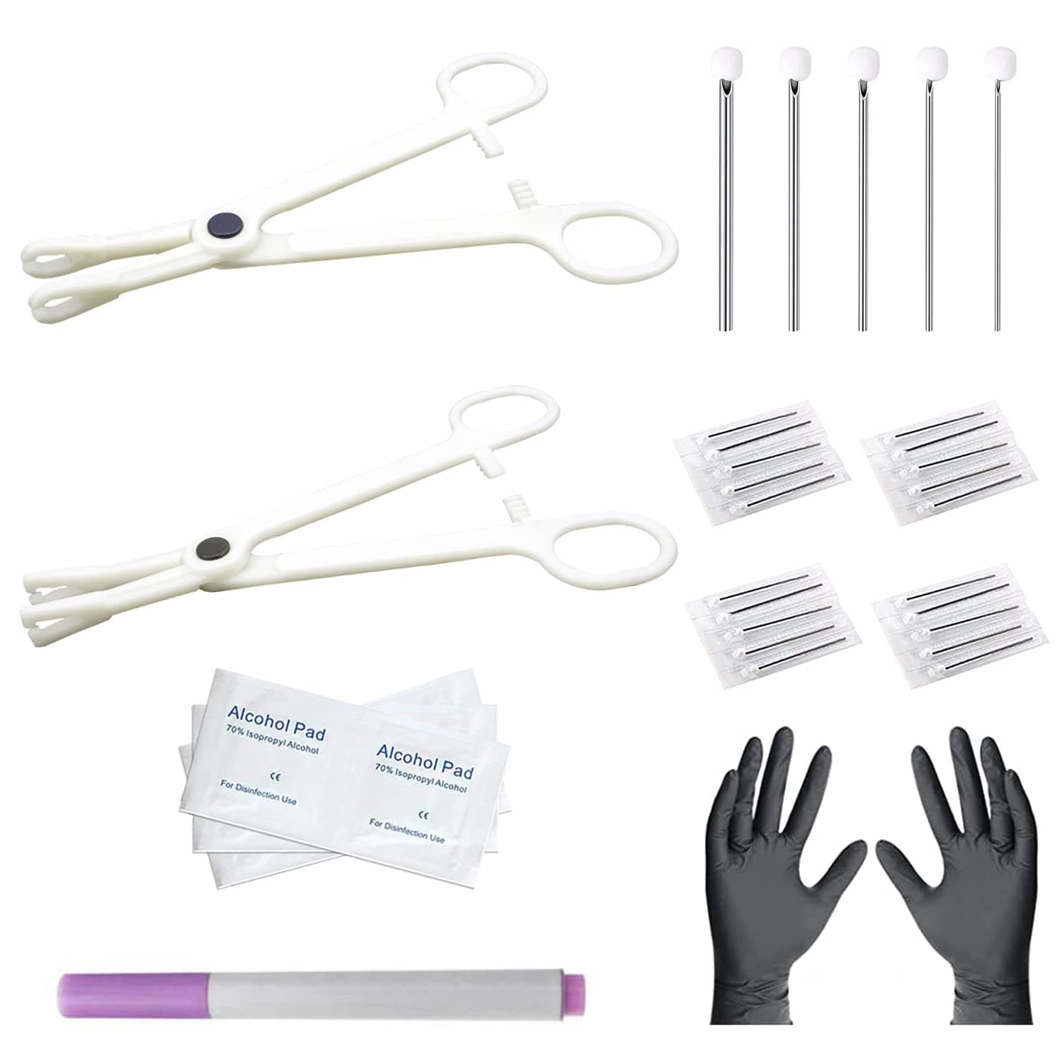 Ear Nose Piercing Needles Body Piercing Needles Kit Mix Size 12G 14G 16G 18G 20G Stainless Steel Piercing Kit with 2 Pcs Different Piercing Clamps and Alcohol Pads, Marker Pen (Type A)