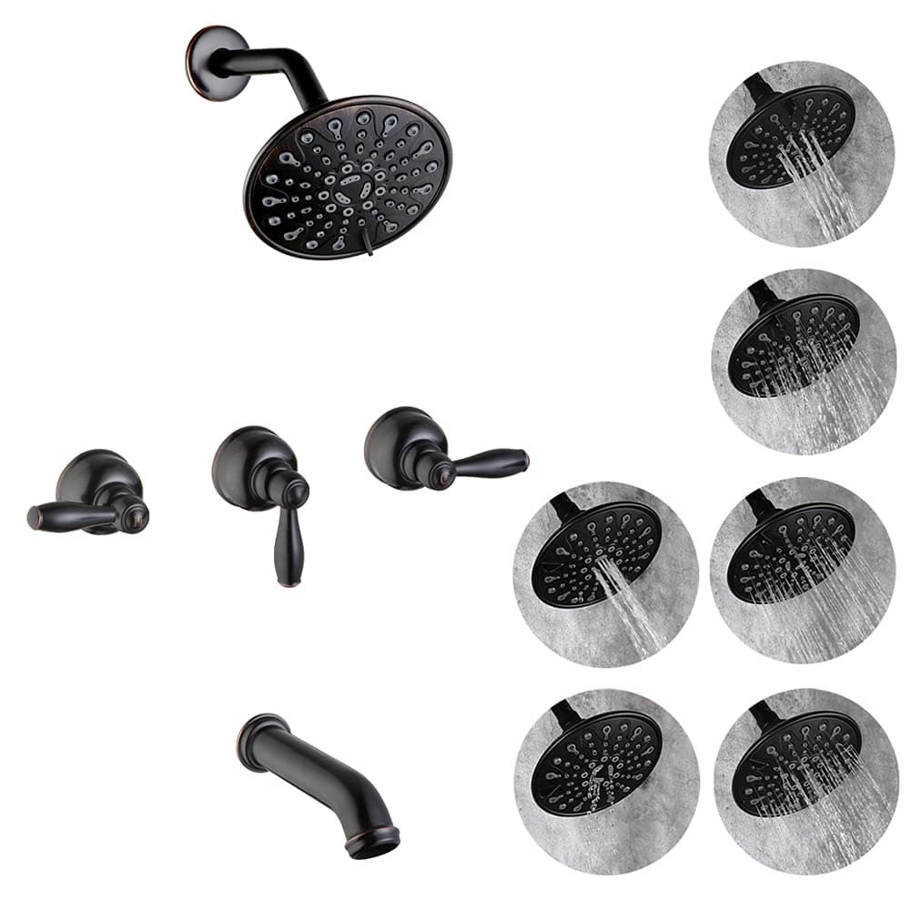 POP SANITARYWARE 3 Handle Tub and Shower Faucet Set with 6 Spray Shower Head Oil Rubbed Bronze, Bathtub Faucet Set with Tub Spout Bathroom Mixer Tub and Shower Trim Kit with Valve