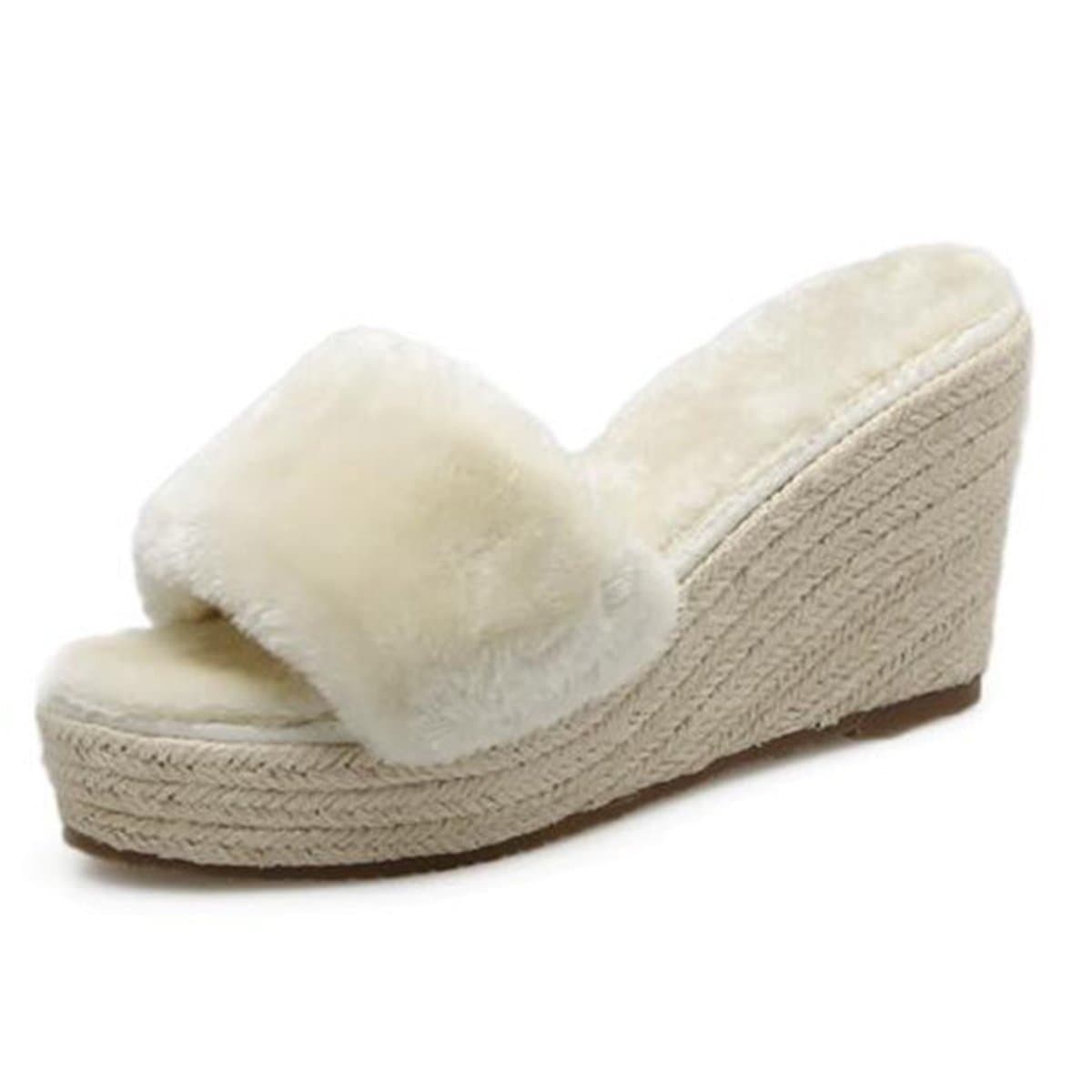 Luxury Furry Fur Slippers Womens Slids Sandals Platform Wedge Heel Fashion Outdoor Black Lady Shoes