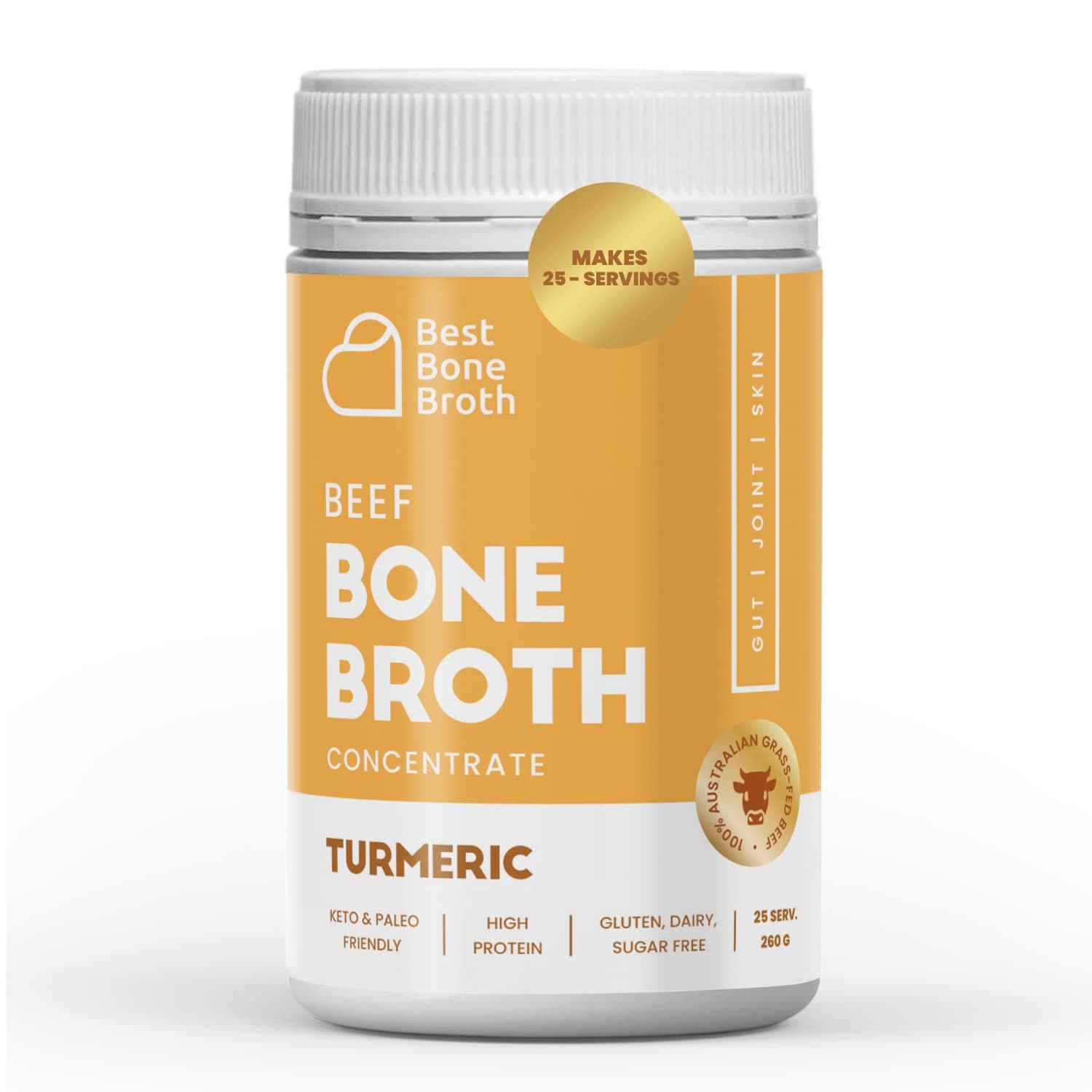 Best Beef Bone Broth Concentrate Turmeric Flavor | pure liquid collagen | Grass fed Australian beef | keto, high protein, gluten free | supports joints, skin & gut | 25 servings