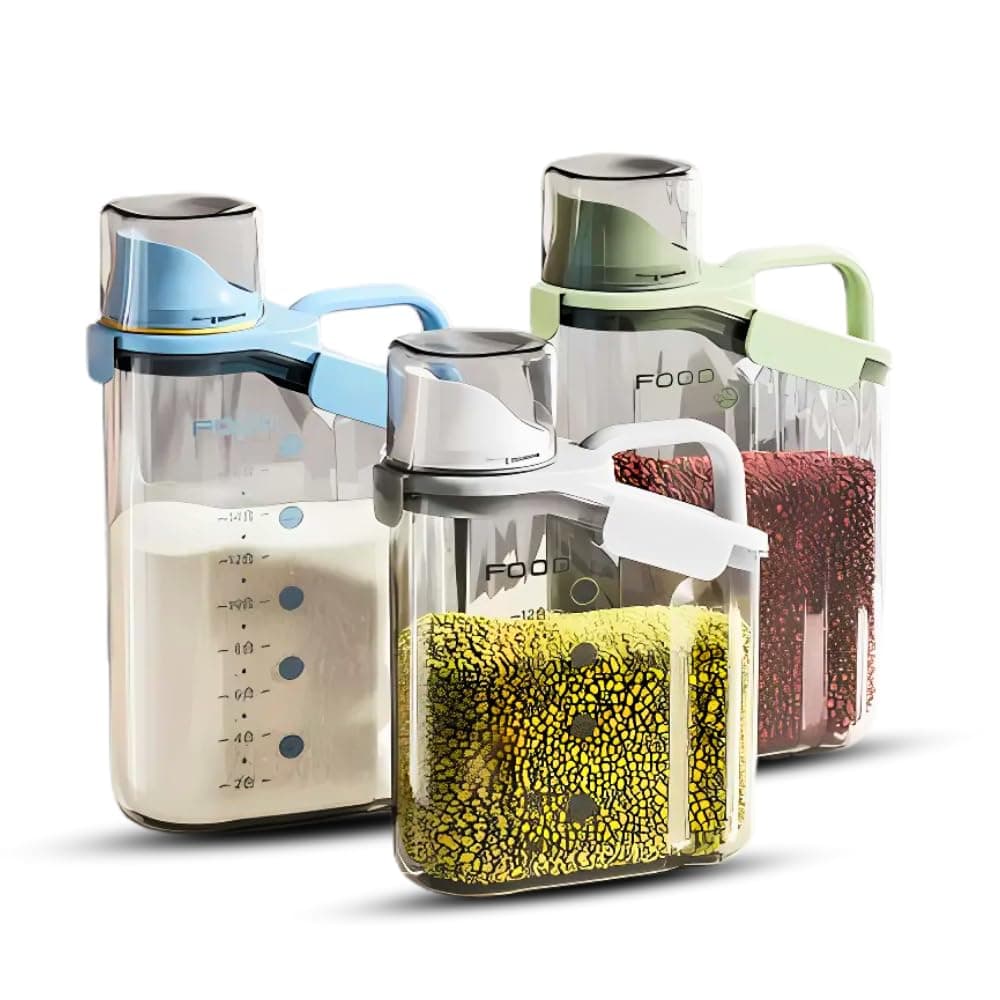 3-Piece Cereal Container Set | Airtight Food Storage Container | handled kitchen organizer + Measuring Cup | BPA-Free Plastic Rice container | 3 Sizes Set for home storage and organizer