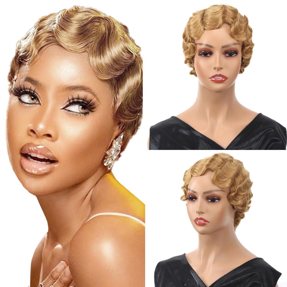 Light Brown Short Wig for Women, Synthetic Hair, Curly Finger Wave Pixie Cut, Heat Resistant, 22 inches