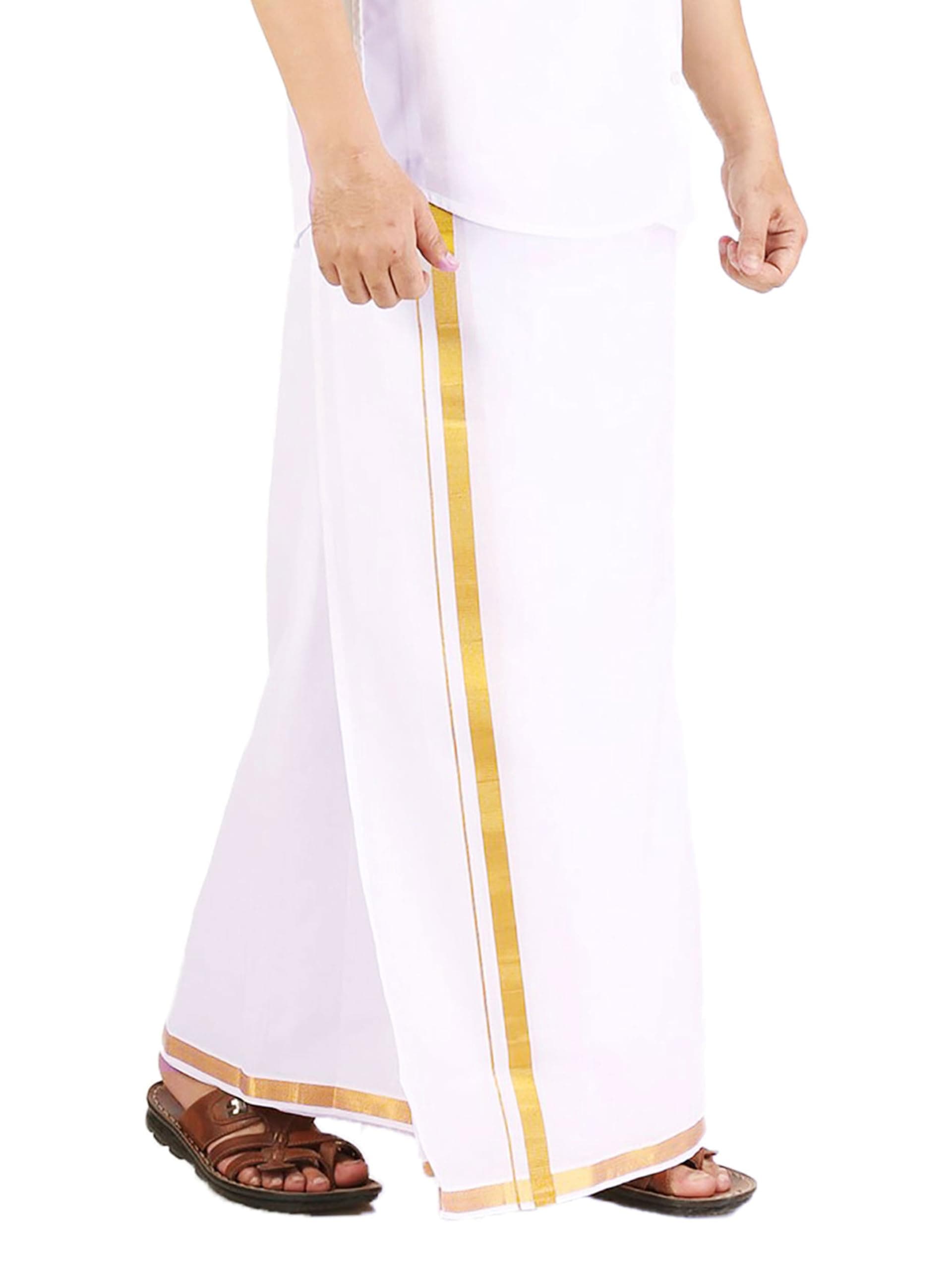 Men's Combed Cotton Finer Quality Double Dhoti (8 Mulam) - 3.80Mtrs/ Double Dhoti With Gold Jari Border