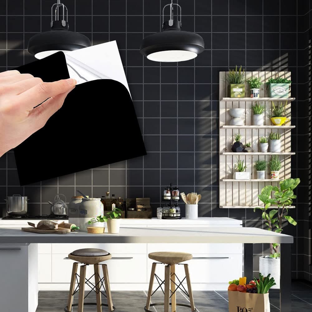 Tile Stickers, 50pcs Peel and Stick Tile Stickers Self Adhesive 6'' x 6'' Wall Sticker Waterproof OilProof Removable for Kitchen and Bathroom Home Decor (Black)