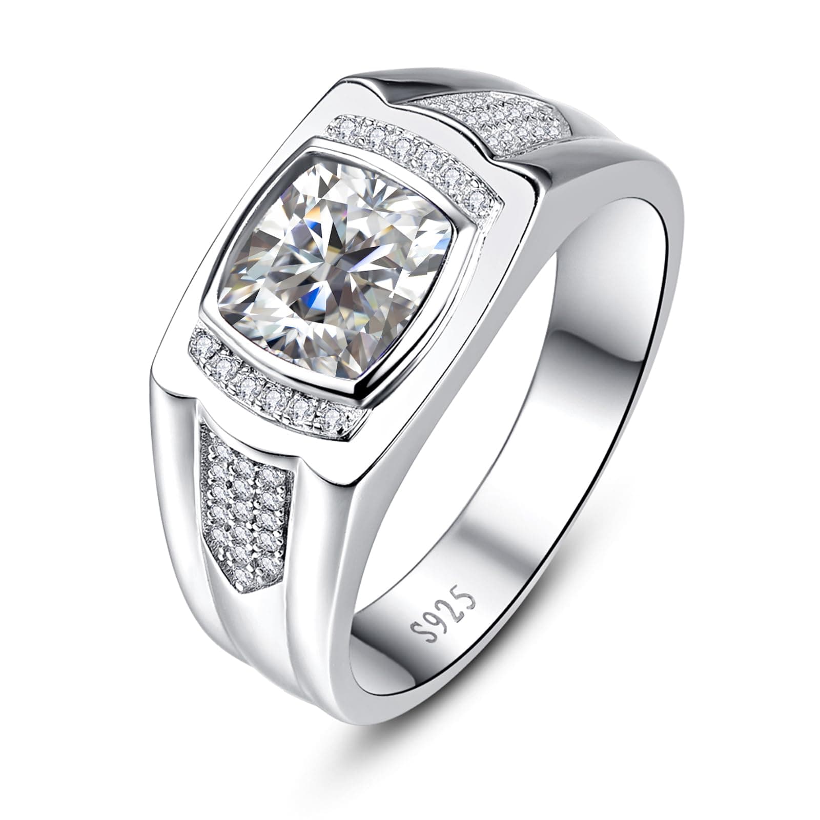 8 * 8mm 2.85CT 925 Sterling Silver Mens Gemstone Ring Princess Cut Created Black Onyx|Sapphire|Emerald|Ruby Mens Wedding Band Engagement Ring Pave CZ W/AAA Size 6-13