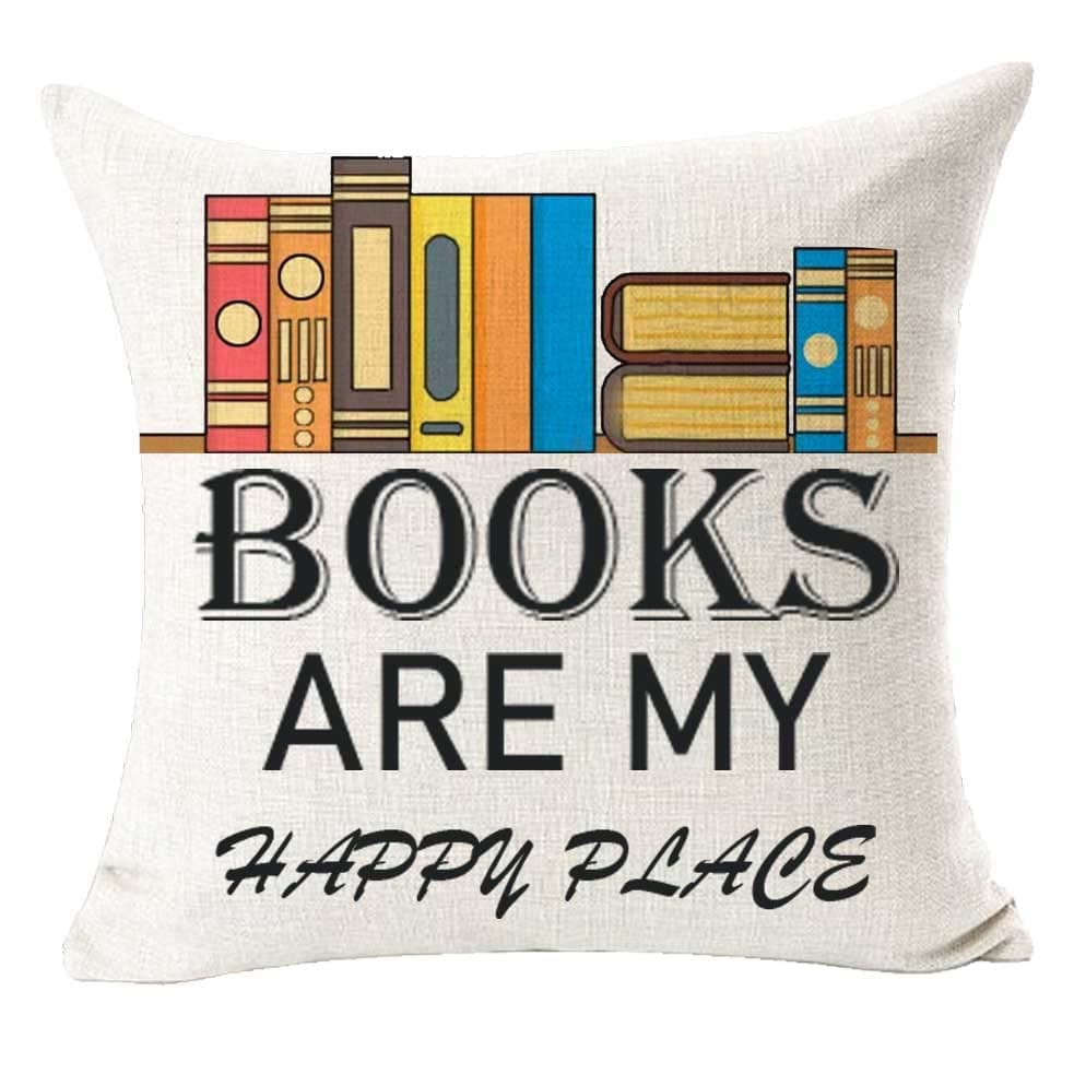Best Back to School Gift Books are My Happy Place Cotton Linen Square Throw Pillow Case Cushion Cover Home Office Decorative 18X 18 Inches¡­¡­