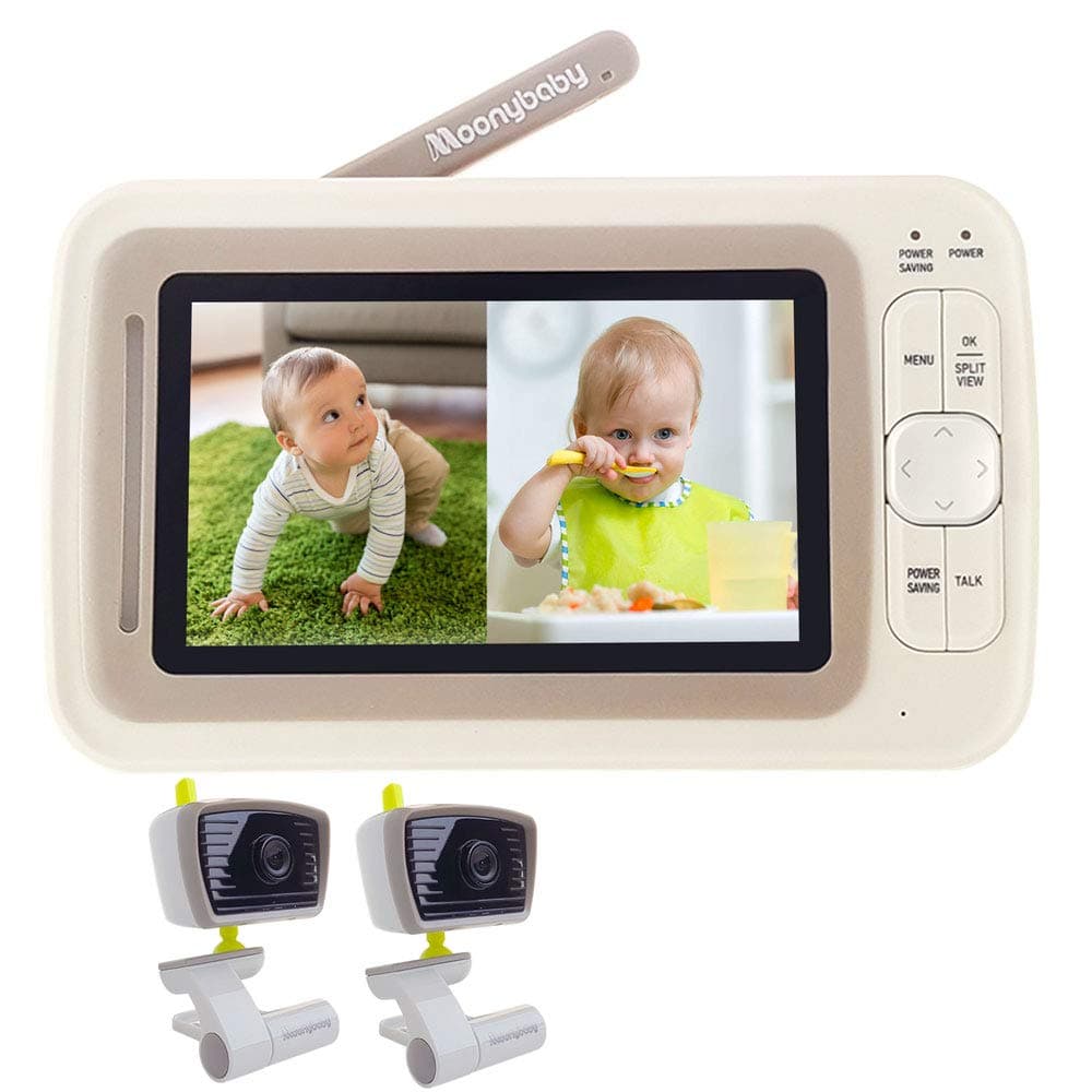 Moonybaby Split Screen Baby Monitor with 2 Cameras, Extended 12hrs Battery Life, Wide View, Large Screen, Long Range, Night Vision, Temperature Monitoring, 2 Way Talk Back, Power Saving