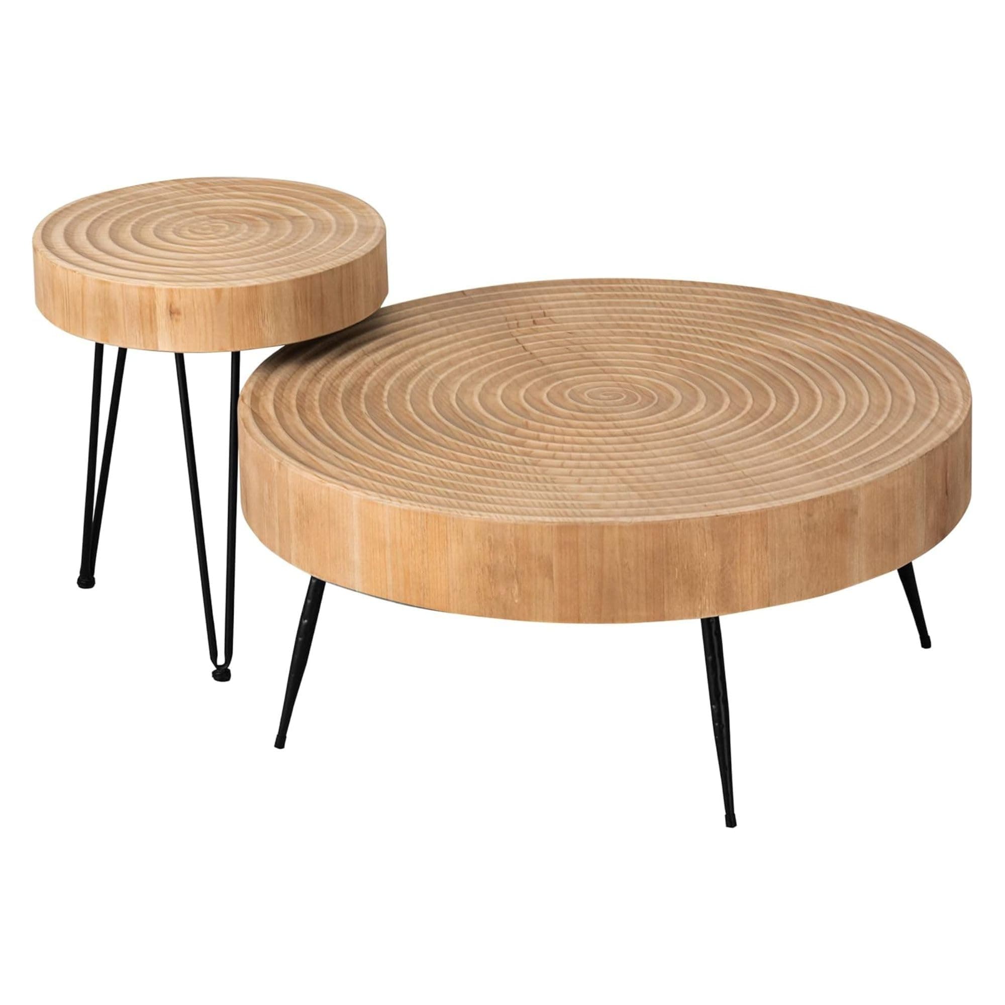 COZAYH 2-Piece Round Nesting Coffee Table Set, Natural Wood Top with Black Metal Legs, Ring Pattern – Rustic Farmhouse Accent for Living Room or Bedroom – Space-Saving Modern Furniture
