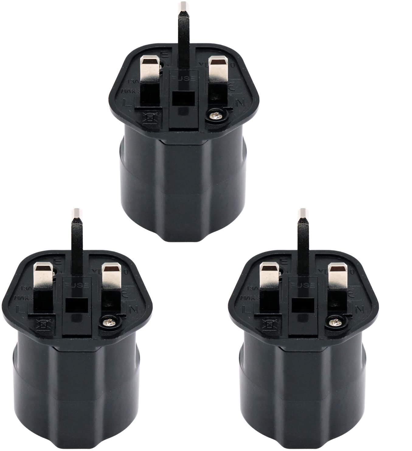 EU to UK/HK/Singapore/UAE/KSA Adaptor Plug with 13A Fuse and Safety Shutter, 2-Pin DE/FR/IT/ES European Plug Convert to UK 3-Pin Socket (Pack of 3 Black)
