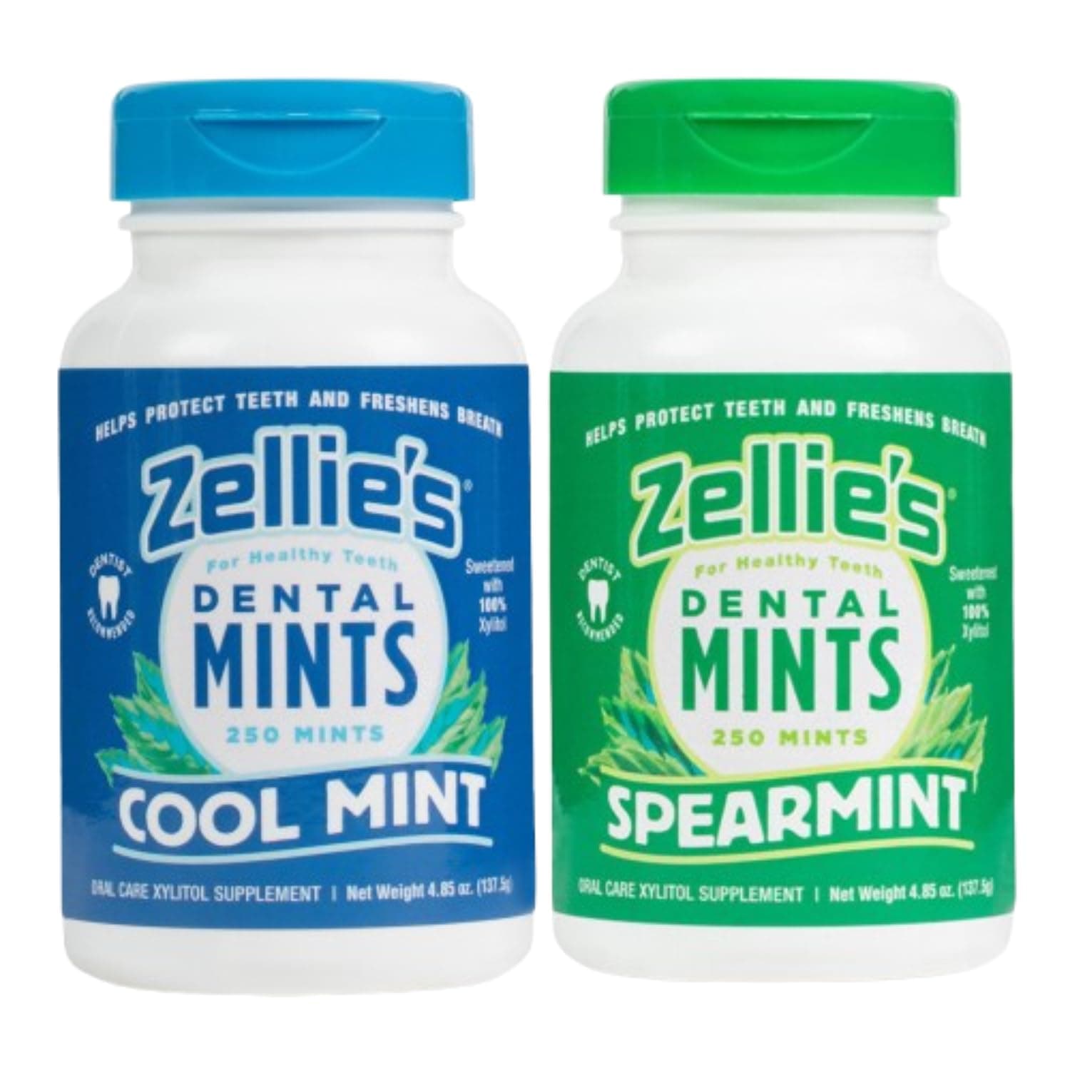Zellie's | 100% Xylitol Breath Mints Combo Pack | No Aspartame, Gluten Free, Vegan & Kosher | Includes (1) Cool Mint & (1) Spearmint Breath Mints 250 Count | (2 Pack)