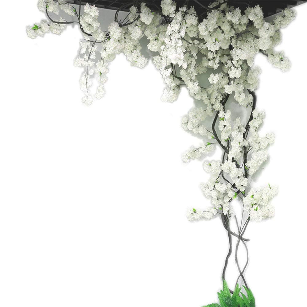 Licxcx Artificial flower Cherry blossom tree vine wall decoration living room fake flower rattan ceiling plastic branch artificial flower, cherry blossom white without fence