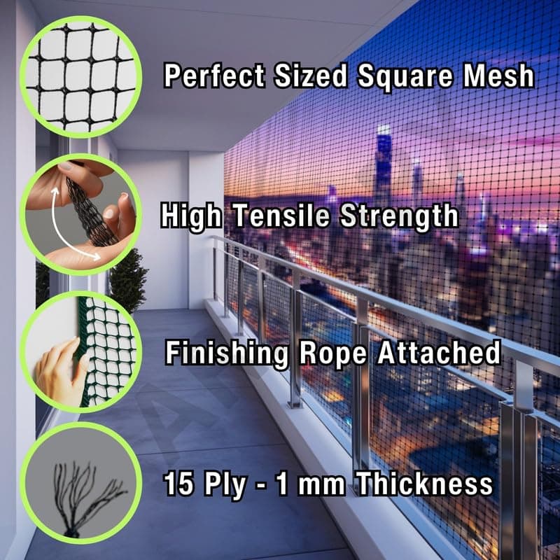 ARMORX Black Anti-Bird Net UV-Stabilized HDPE Multi-Filament Net with Installation Kit & Tying Ropes Attached - Black - 7ftx15ft