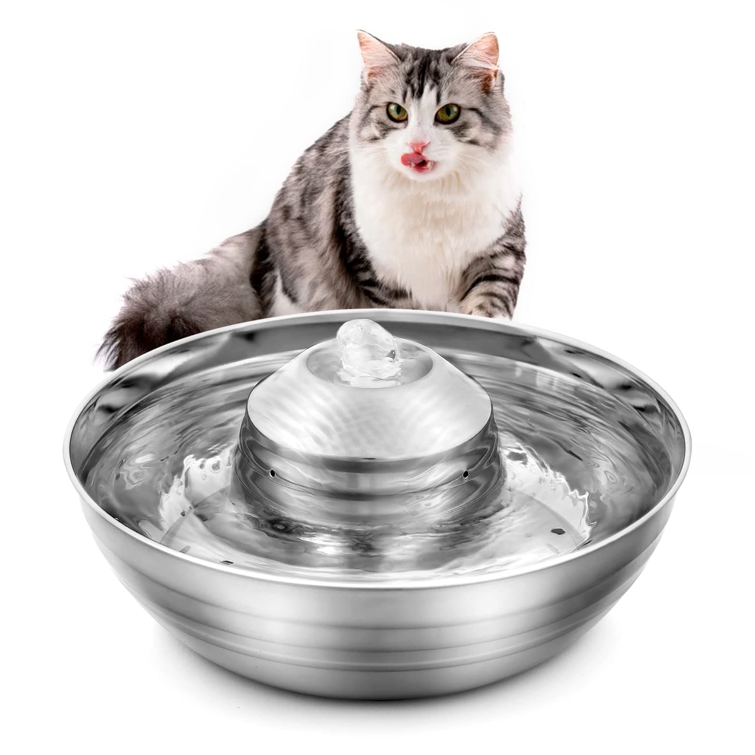 GISOFIK 67oz/2L Cat Water Fountain, Automatic SUS304 Stainless Steel Dog Water Fountain with 360° Water Flows, Ultra-Quiet Cat Water Dispenser Pet Water Fountain with Activated Carbon Filter