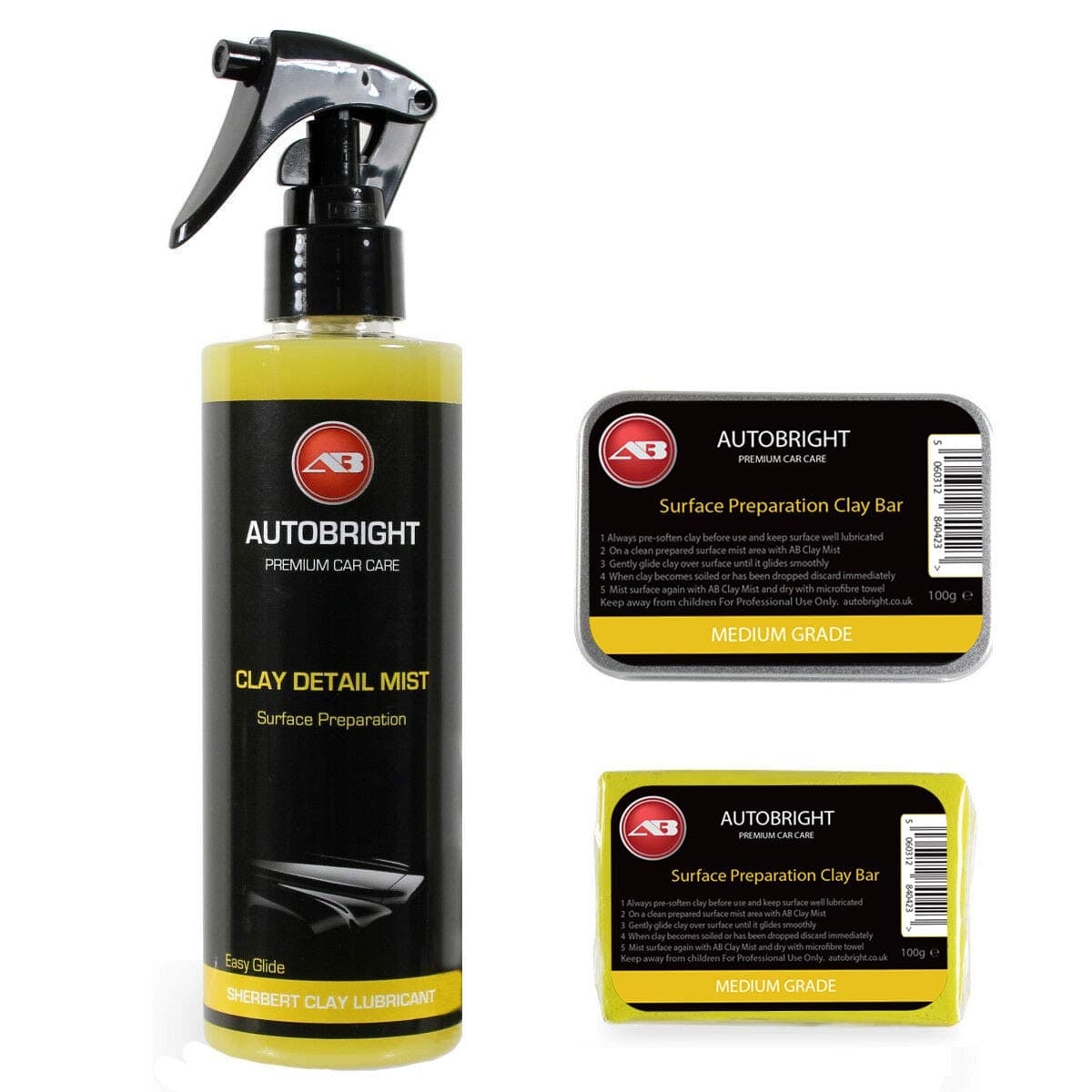 Autobright Pre Cleaning Car Wax Polish, Clay Mist 250ml & 100g Yellow Medium Clay Bar Smooth Finish Detailing Kit