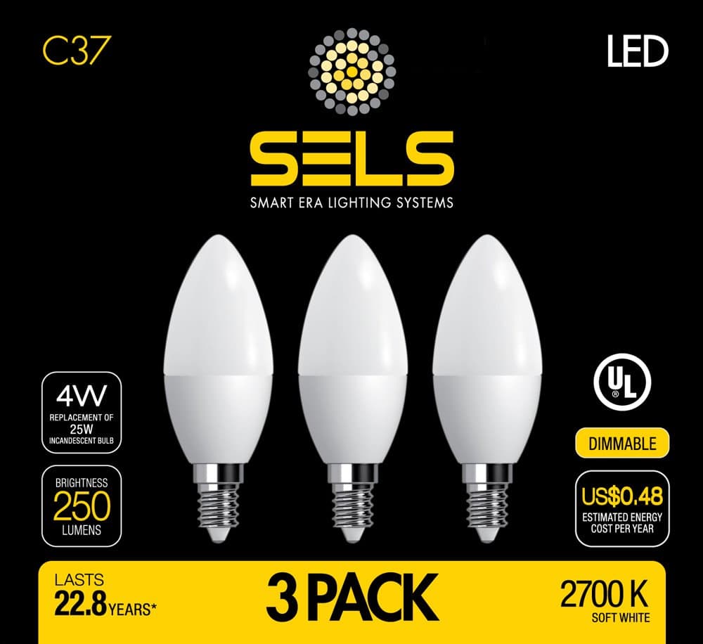 SELS LED C37 Dimmable 25-Watt Equivalent LED Candelabra Light Bulb, E12 Base, Soft White (3 Pack)